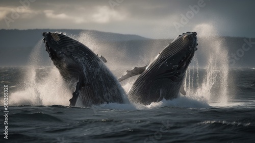 A pair of whales breaching the surface of the water in a dramatic display Generative AI © Наталья Евтехова