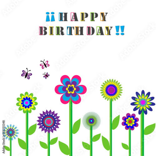 Felicitación de cumpleaños con flores de tallos largos y mariposas.	