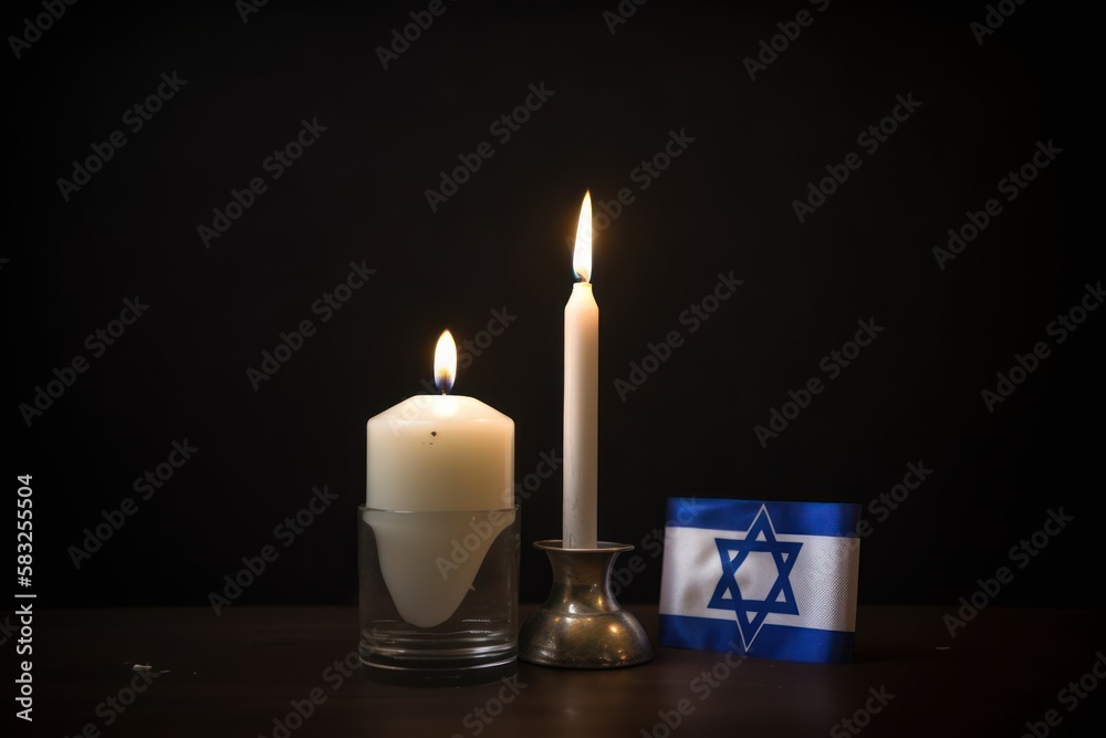 International Holocaust Remembrance Day, January 27 or Israel Memorial day.
 World War II Remembrance Day. Jewish Star of David, candle and flag of Israel.