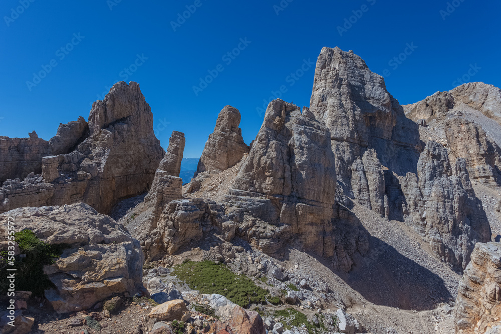 Awesome summer dolomite rocky scenario with giant pinnacles in the Latemar Massif, UNESCO world heritage site. The main pinnacle is named Torre di Pisa. Trentino-Alto Adige, Italy, Europe