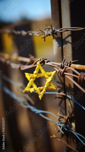 International Holocaust Remembrance Day, January 27 or Israel Memorial day. World War II Remembrance Day. Jewish Yellow Star of David, barbed wire.