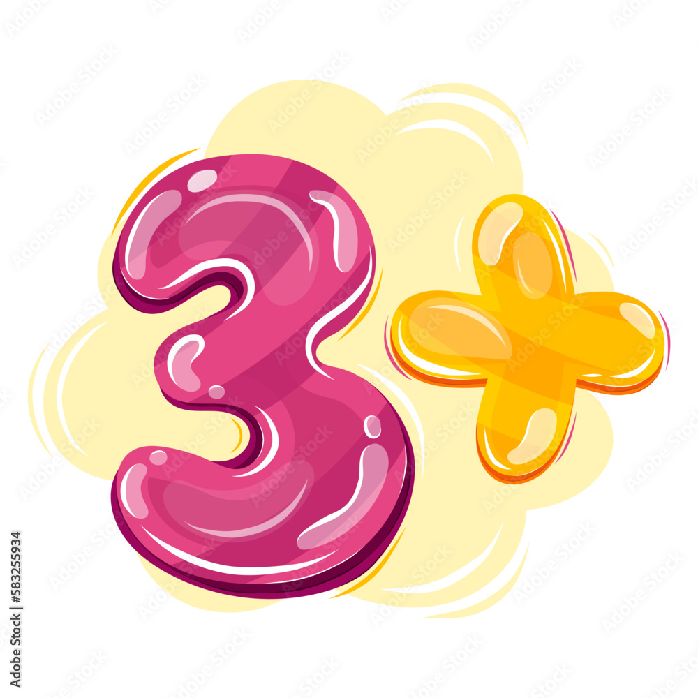 Kids age limits sign. 3+ . Colourful number, abstract shapes, splashes