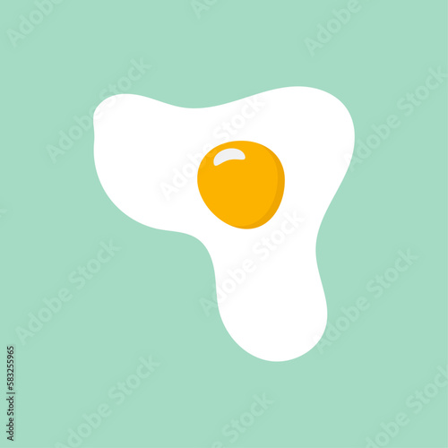 Hand drawn doodle vector illustration of sunny side up fried egg with bright yellow yoke on light turquoise background. Culinary food poster card menu template. Icon