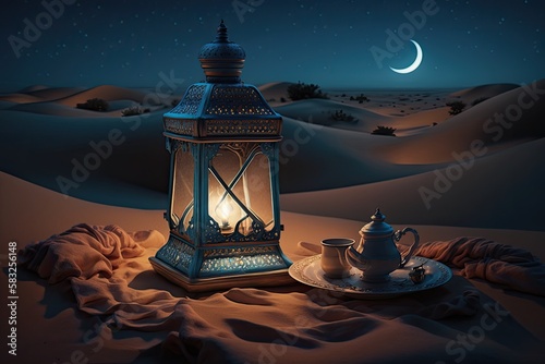 Muslim Holy Month Ramadan Kareem - Ornamental Arabic Lantern With Burning Candle Glowing At Evening generative ai.