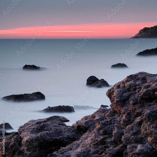 sea view with rocks in the foreground at dawn - generative ai