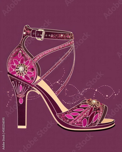 A pair of magenta sandals with an opentoe design and intricate bead detailing. Trendy color of 2023 Viva Magenta.. AI generation. photo