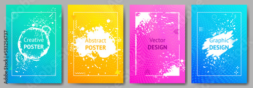 Set of abstract backgrounds. Paint splashes, stains, brush strokes. Bright saturated colors. Vector illustration. Poster, banner, placard, magazine, cover design.