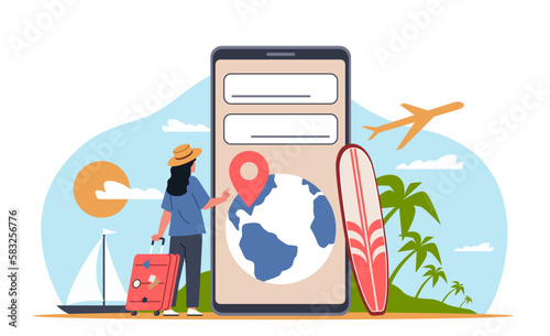 People use smartphone functions. Cartoon girl traveler looking for apartments anywhere in world, mobile travel app, huge phone online booking, cartoon illustration, nowaday vector concept