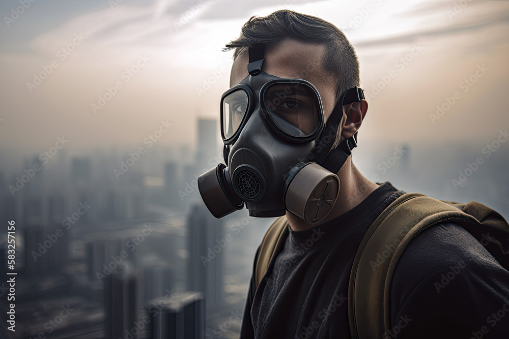 Generative Illustration AI of a man with a gas mask in a city with polluted air. Problematic about global warming and the plastics and garbage that pollute the planet Generative Illustration AI of a man with a gas mask in a city with polluted air. Problematic about global warming and the plastics and garbage that pollute the planet