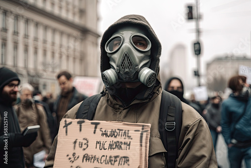 Generative Illustration AI of a man with a gas mask in a city with polluted air demonstrating against the Problem of global warming and pollution