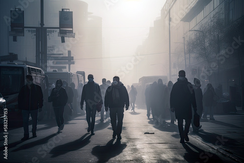 Generative AI Illustration of a group of people walking through the streets of a city with a cloud of pollution and pollution above them. Problem of global warming and smog in the city