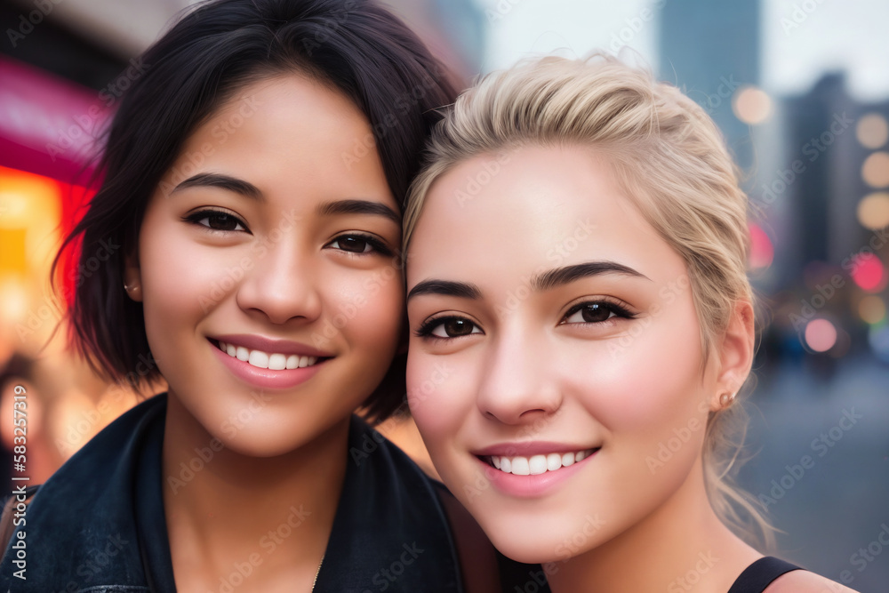 Portrait of a beautiful girlfriend caucasian and asian girls, city street as a background. Generative AI. Portrait of a beautiful girlfriend caucasian and asian girls, city street as a background. Generative AI.