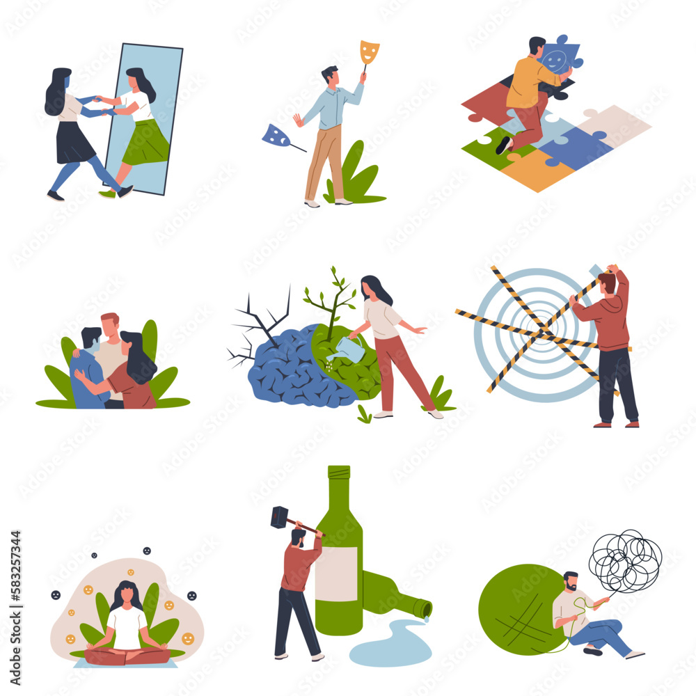 Psychotherapy symbols. People in depressive and anxious emotional states, mental addictions, fighting negative thinking and stress, meditation, cartoon characters, nowaday vector set