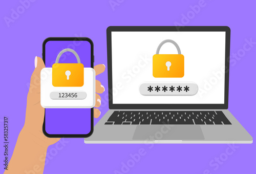 Two step authentication. Smartphone and computer safety login or sign in. Two steps verification via mobile phone and laptop.Vector illustration.