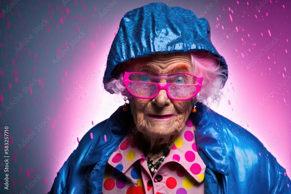 Let's party!! Funny grandma clown playing at home. 1 April Fool's day concept with splash glittering rainbow papers background.generative ai. Let's party!! Funny grandma clown playing at home. 1 April Fool's day concept with splash glittering rainbow papers background.generative ai.