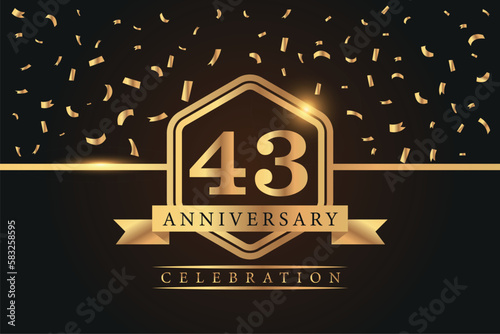 43rd years anniversary celebration luxury golden logo design with gold color numbers font in shinny frame with gold abstract design on black background 