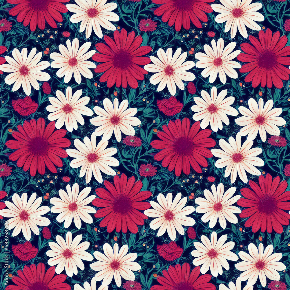 Color Seamless pattern with beautiful pink and white flowers. Cute floral background. Summer flowers on green background