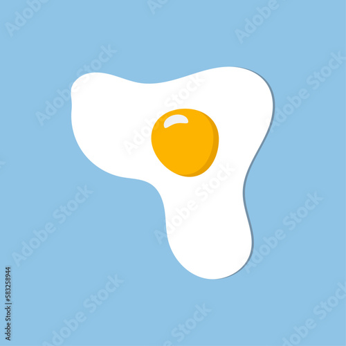 Hand drawn doodle vector illustration of sunny side up fried egg with bright yellow yoke on blue background. Culinary food poster card menu template. Icon