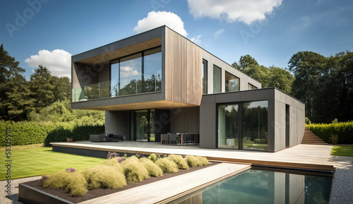 Concrete and glass. Ultra-modern minimalistic style home design. Generative AI © piai