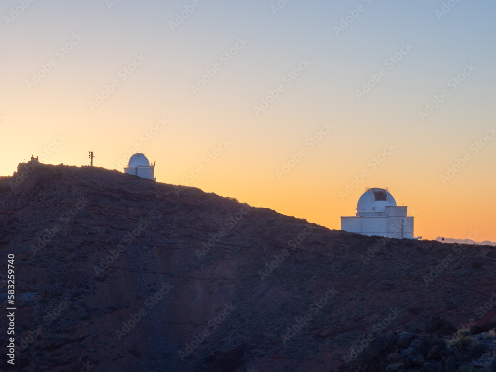 Modern building of the Astronomical Observatory on top of Taburiente at sunset, La Palma, Canary Islands, Spain