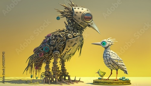 Bird robot concept art surreal painting . Creative illustration.  Ai Generate 