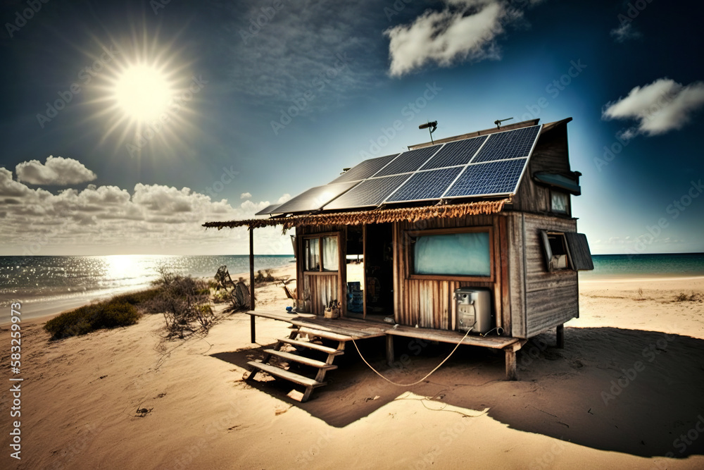 Small house on the beach with solar panels. Generative AI. Small house on the beach with solar panels. Generative AI.