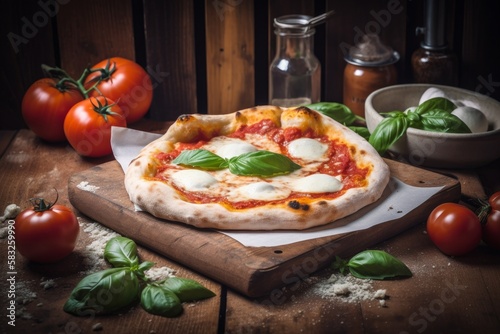 Italienische Pizza Margherita - Traditionelle Neapolitanische Pizza mit Tomaten, Mozzarella und Basilikum 
