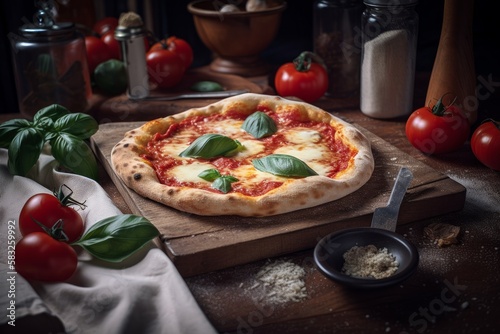 Italienische Pizza Margherita - Traditionelle Neapolitanische Pizza mit Tomaten, Mozzarella und Basilikum 