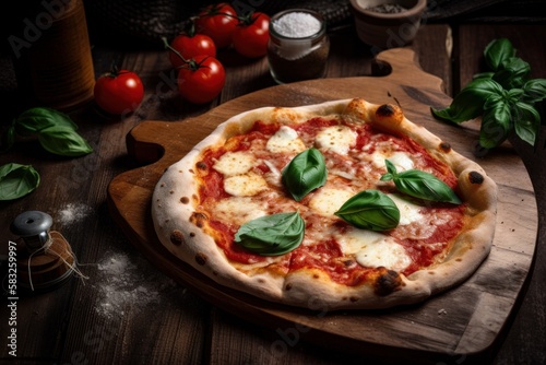 Italienische Pizza Margherita - Traditionelle Neapolitanische Pizza mit Tomaten, Mozzarella und Basilikum 