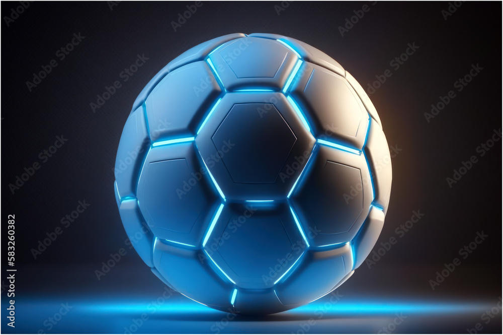 Naklejka premium Soccer ball or football with futuristic blue glowing neon lights on a dark background with copy space in a conceptual image. illustration - Post-processed Generative AI