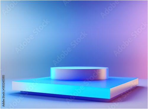 Product Presentation Podium with a Blue Background Trendy Colorful Pastel Colored Blue Cyan and Magenta Studio Background with Cosmetic Stand Illustration - Post-processed Generative AI