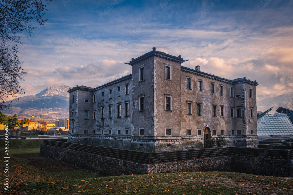 Trento, Italy - January 2023: Sunset view on Palazzo delle Albere, a 16th century villa-fortress built in Trento by the bishop-princes Madruzzo Trento, Italy - January 2023: Sunset view on Palazzo delle Albere, a 16th century villa-fortress built in Trento by the bishop-princes Madruzzo