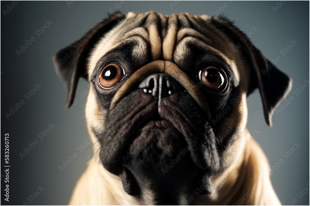The pug dog sits and looks directly into camera. Sad big eyes. - Post-processed Generative AI