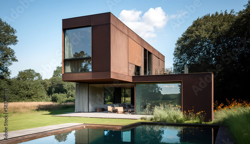 Rusty metal and glass. Ultra-modern minimalistic style home design. Generative AI © piai