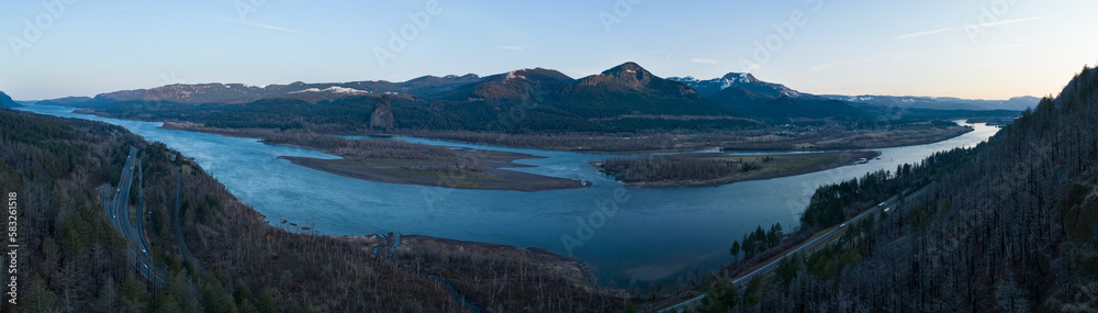 The Columbia River, the largest river in the Pacific Northwest, flows through a scenic gorge, separating Oregon and Washington. This beautiful river is about 1,200 miles long.
