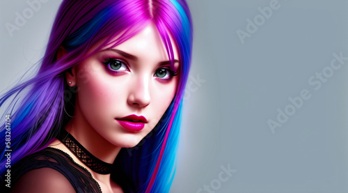 Portrait of a beautiful girl with long hair and makeup in blue and pink colors on a white background. AI generative