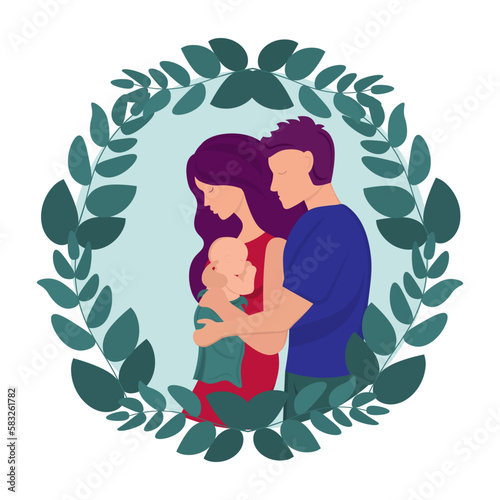 Dad and mom with a newborn baby. Vector illustration.