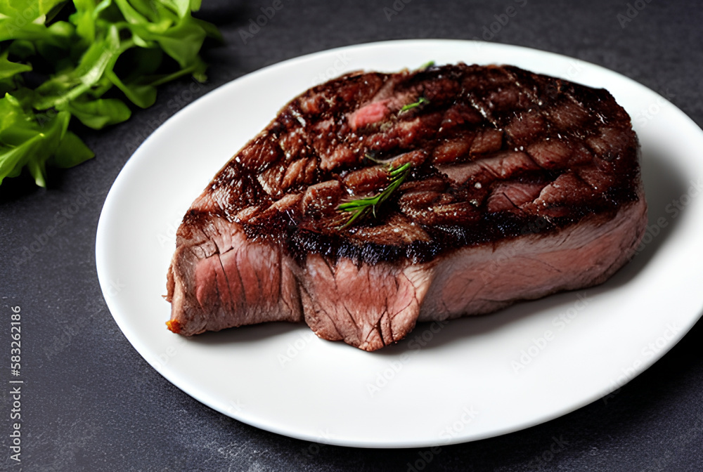 grilled beef steak on a white plate with herds