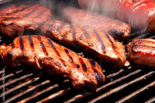american barbecue steaks on a grill with sausages