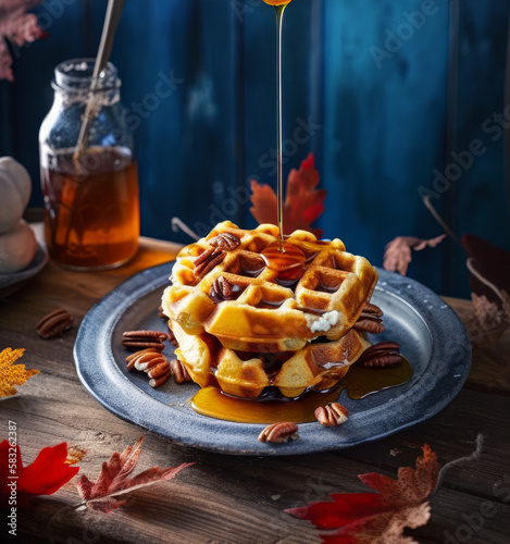 Belgian Waffles with Maple Syrup Being Poured Over in Autumn Setting, AI Generative