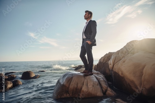 Rear view of businessman standing on rock in the ocean facing oncoming waves, created with Generative AI 