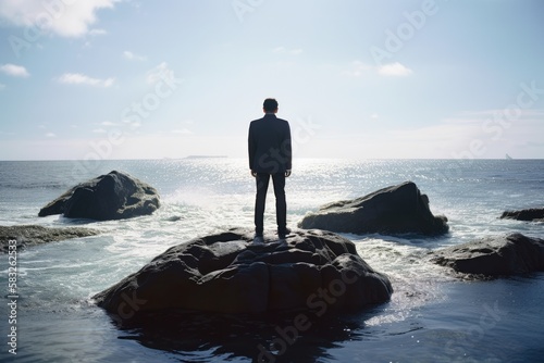 Rear view of businessman standing on rock in the ocean facing oncoming waves  created with Generative AI 