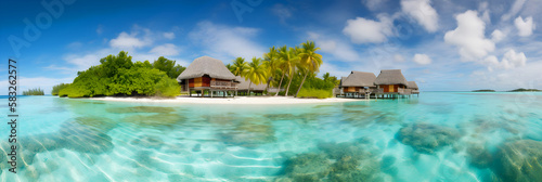Beautiful panoramic view of a tropical island with bungalows on the sea, illustrator ai generative © Cla78