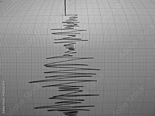     Richter scale Low and High Earthquake Waves vibrating on white paper background, sound wave diagram concept    