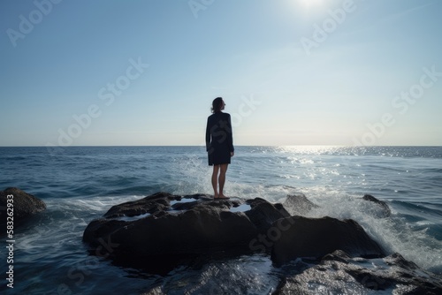 Rear view of businesswoman standing on rock in the ocean facing oncoming waves, created with Generative AI 