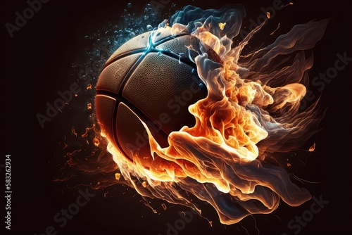 Basketball in on fire, burning ball flies on dark background. Winning championship. Generative AI © masharinkaphotos