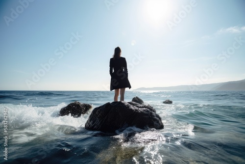 Rear view of businesswoman standing on rock in the ocean facing oncoming waves, created with Generative AI 