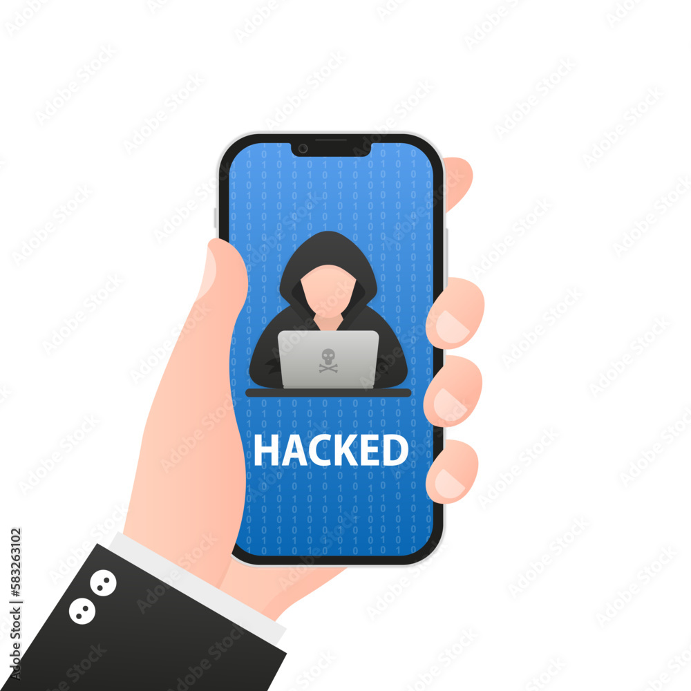 Hacker attack and web security. Internet phishing concep. Emergency alert of threat by malware, virus, trojan, ransomware, or hacker. Creative cyber crime concept. Vector illustration