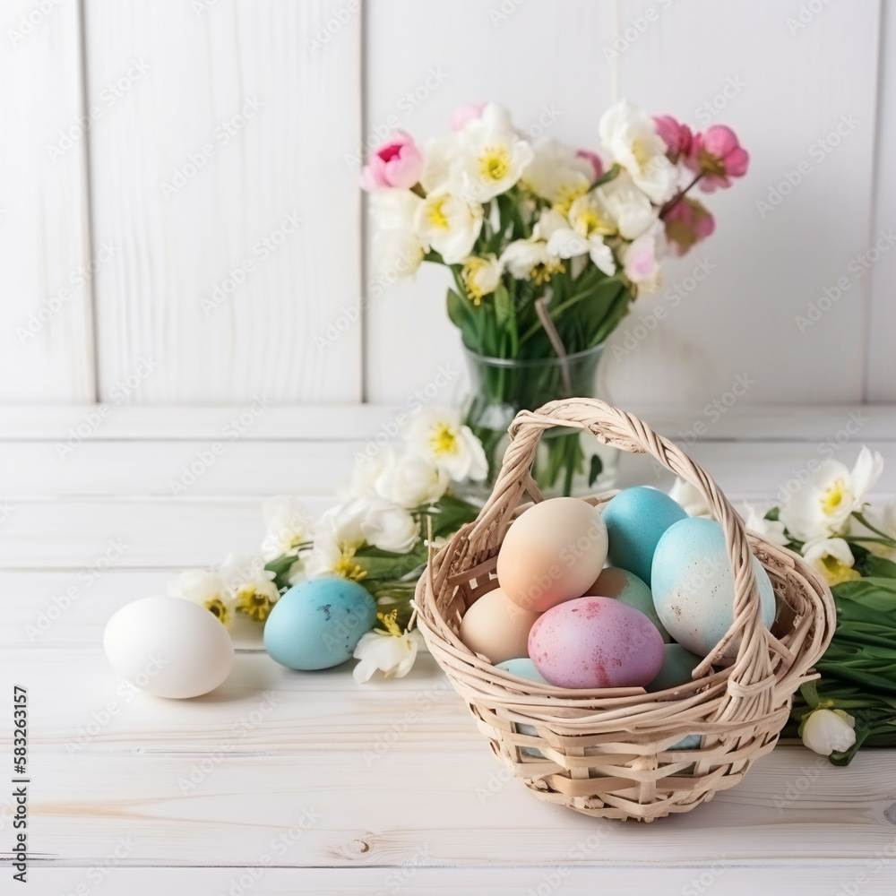 Painted Eggs with Flowers. Easter Banner with copy-space, featuring a Basket of Eggs on White Wood floor, Generative AI