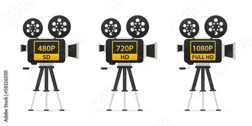 Set Camera for movies. Logo 480p SD, 720p HD, 1080p full HD, Resolution icon. Movie quality. Retro camera. Flat design on a white background. Vector illustration